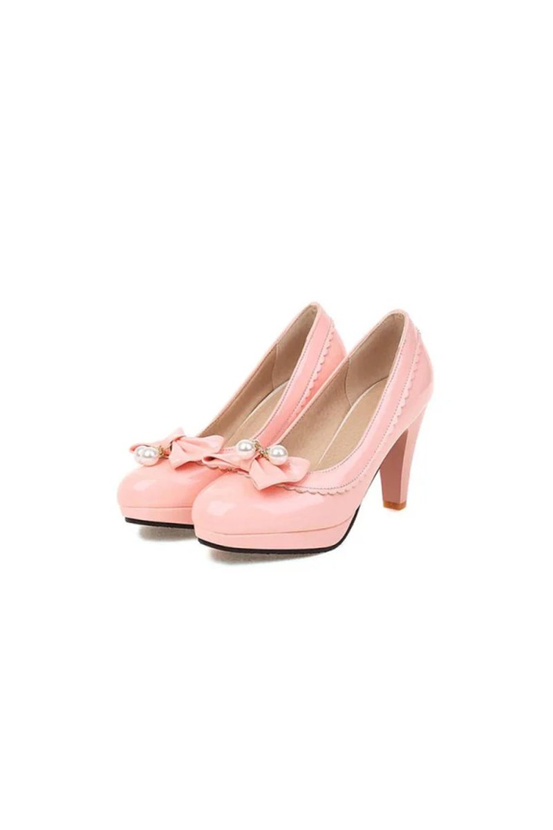 Retro Bow Pearl High Heels Shoes - KissProm