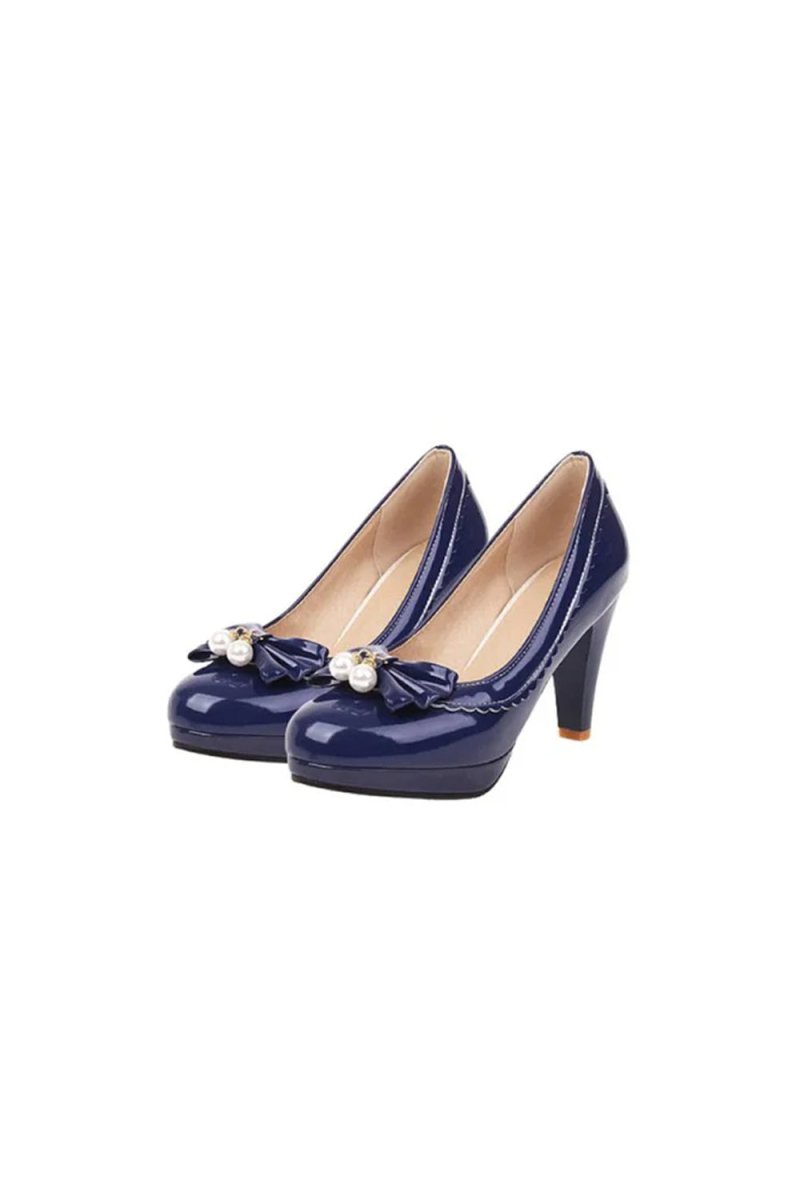 KissProm Retro Bow Pearl High Heels Shoes, Navy Blue / 42
