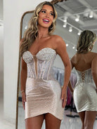 Reva | Gold - Strapless Bodycon Short Homecoming Dresses With Beading