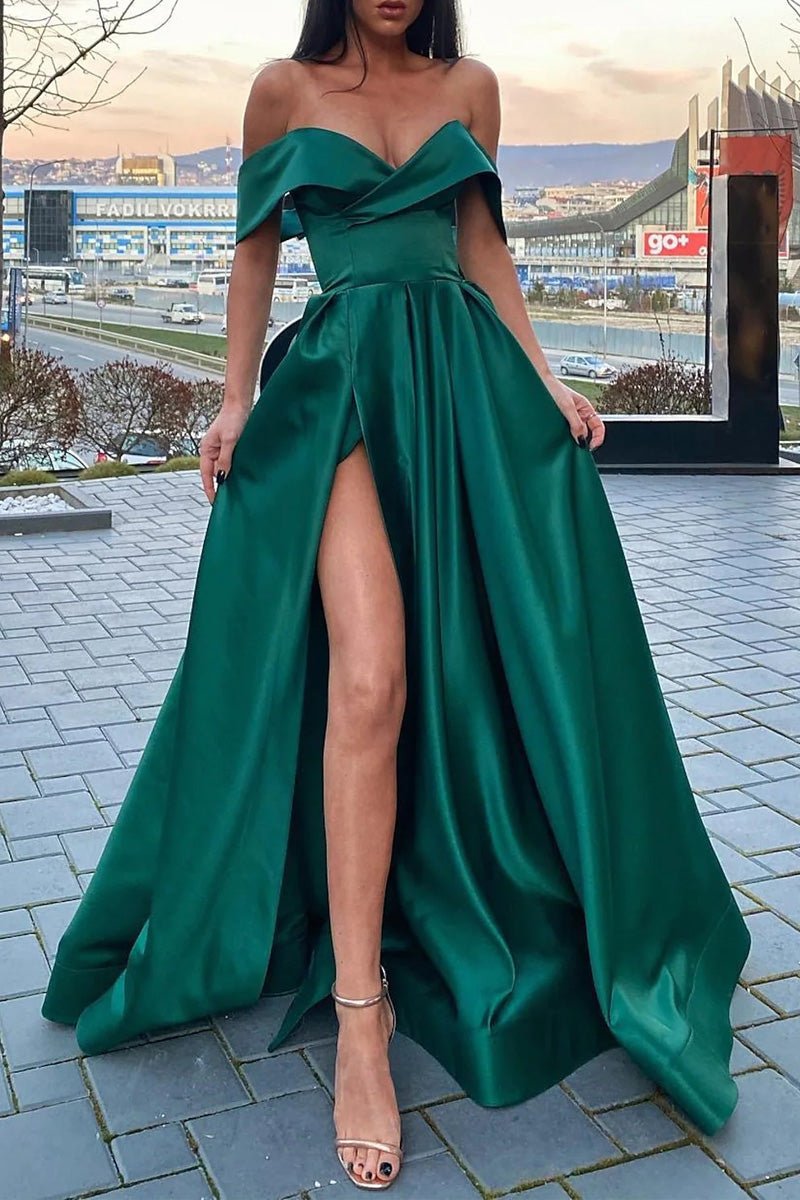 Marina | A-Line Prom Dresses Celebrity Style Dress Christmas Floor Length Short Sleeve V Neck Satin with Slit