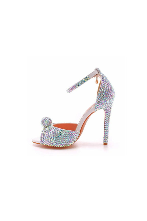 Rhinestone Embellished Open Toe Ankle Strap Stiletto Heels - KissProm