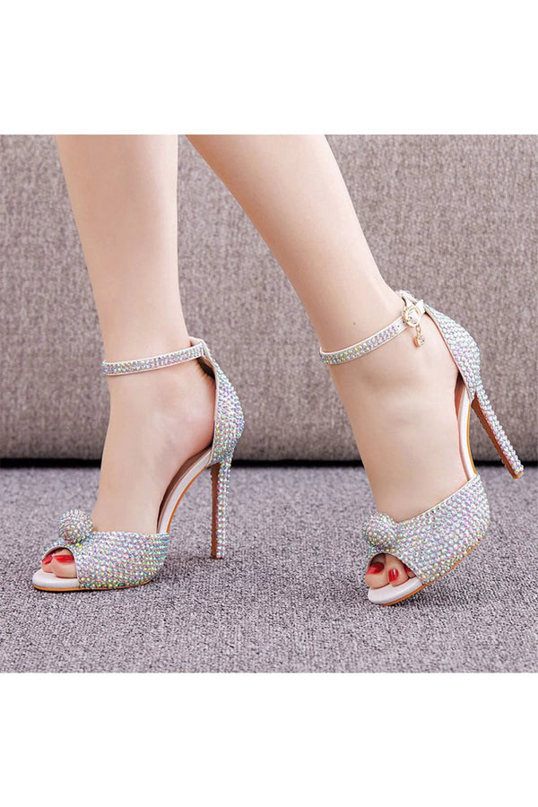 Rhinestone Embellished Open Toe Ankle Strap Stiletto Heels - KissProm