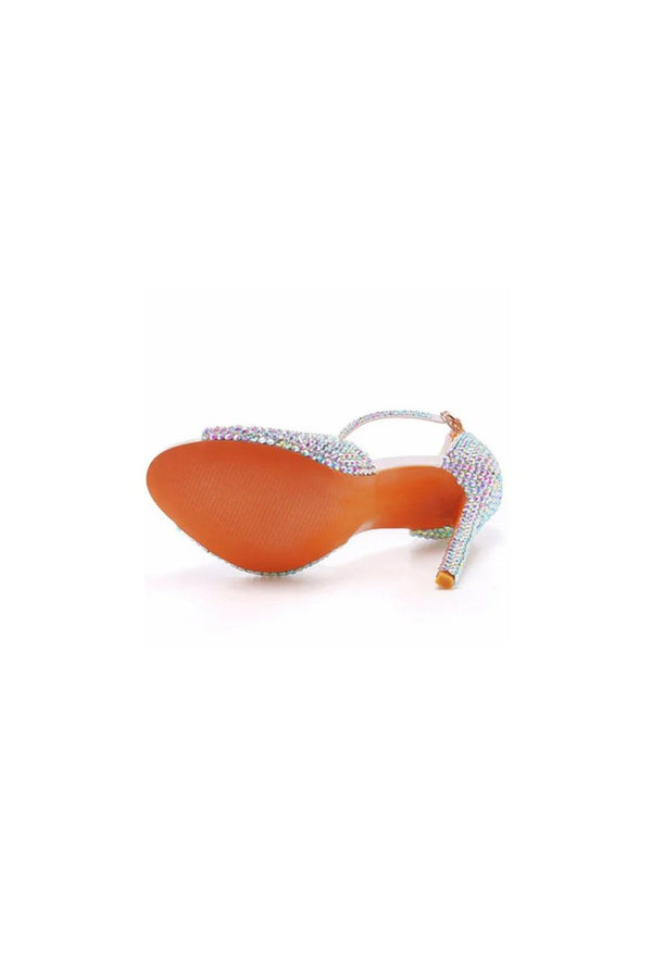 Rhinestone Embellished Open Toe Ankle Strap Stiletto Heels - KissProm
