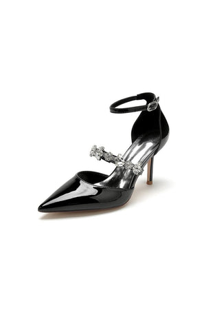 Rhinestone Leather Shoes with Ankle Strap - KissProm