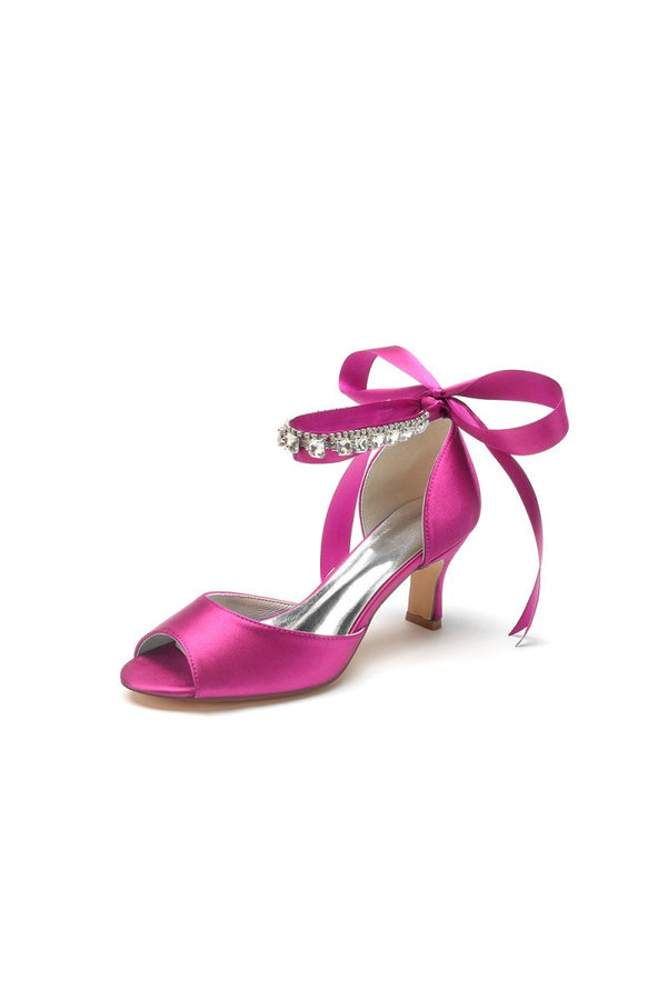 Rhinestone Peep Toe Chunky Heels with Ankle Strap - KissProm