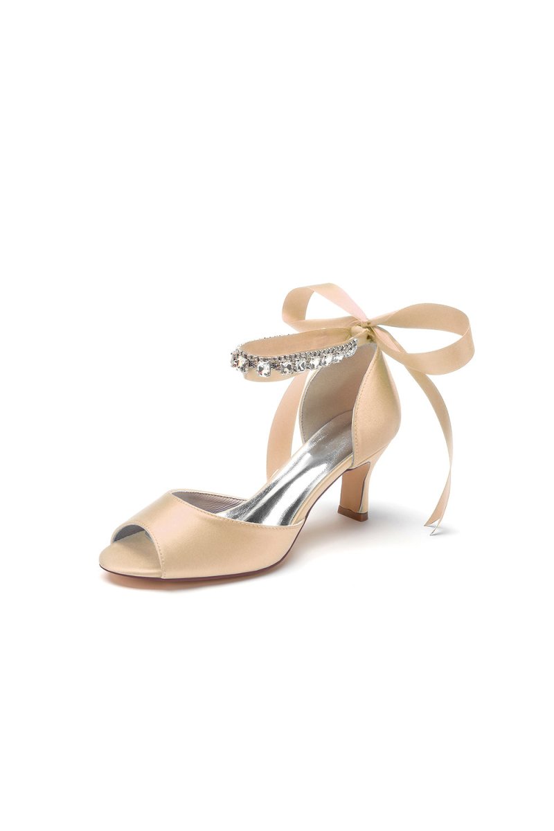 Rhinestone Peep Toe Chunky Heels with Ankle Strap - KissProm