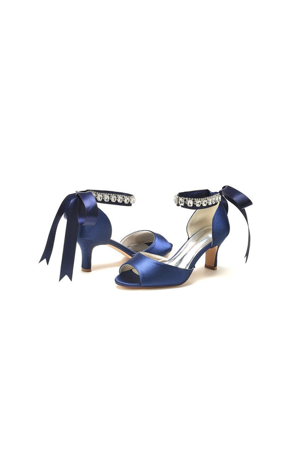 Rhinestone Peep Toe Chunky Heels with Ankle Strap - KissProm