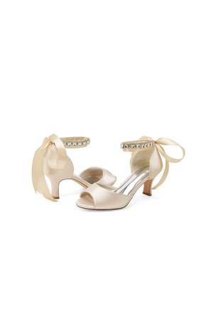 Rhinestone Peep Toe Chunky Heels with Ankle Strap - KissProm