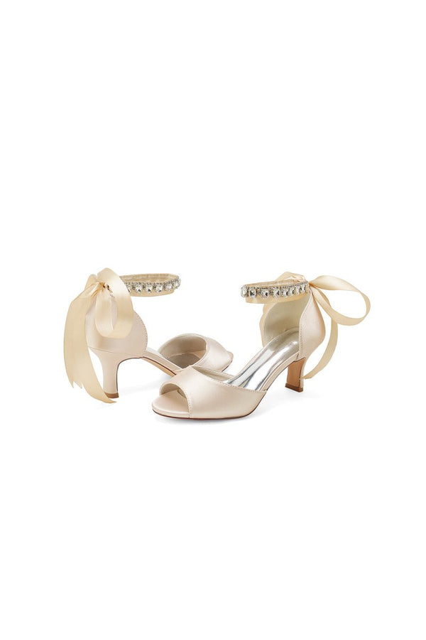 Rhinestone Peep Toe Chunky Heels with Ankle Strap - KissProm