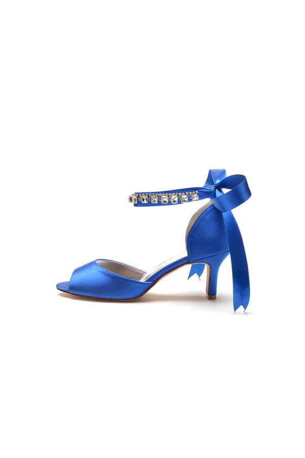 Rhinestone Peep Toe Chunky Heels with Ankle Strap - KissProm