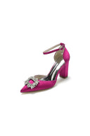 Rhinestone Pointed Toe Ankle Strap Buckle Chunky Heel - KissProm