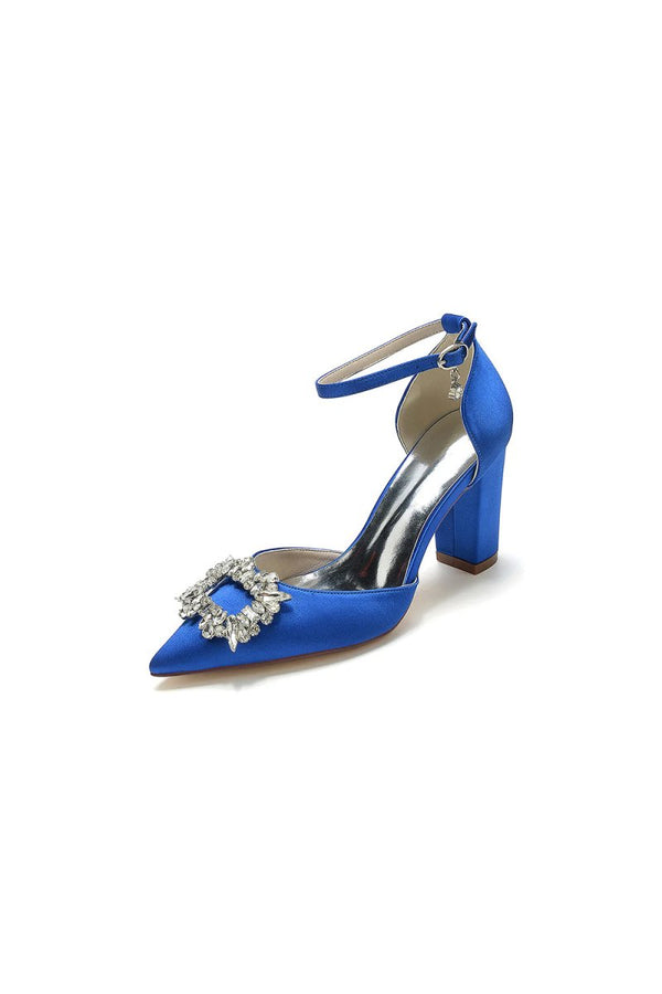 Rhinestone Pointed Toe Ankle Strap Buckle Chunky Heel - KissProm