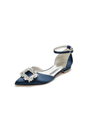 Rhinestone Pointed Toe Ankle Strap Satin Kitten Heels - KissProm