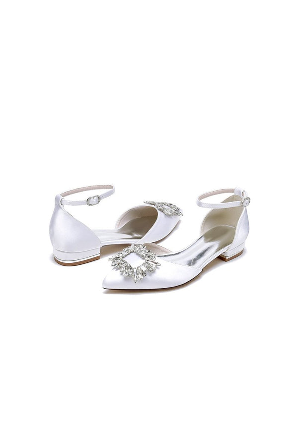 Rhinestone Pointed Toe Ankle Strap Satin Kitten Heels - KissProm