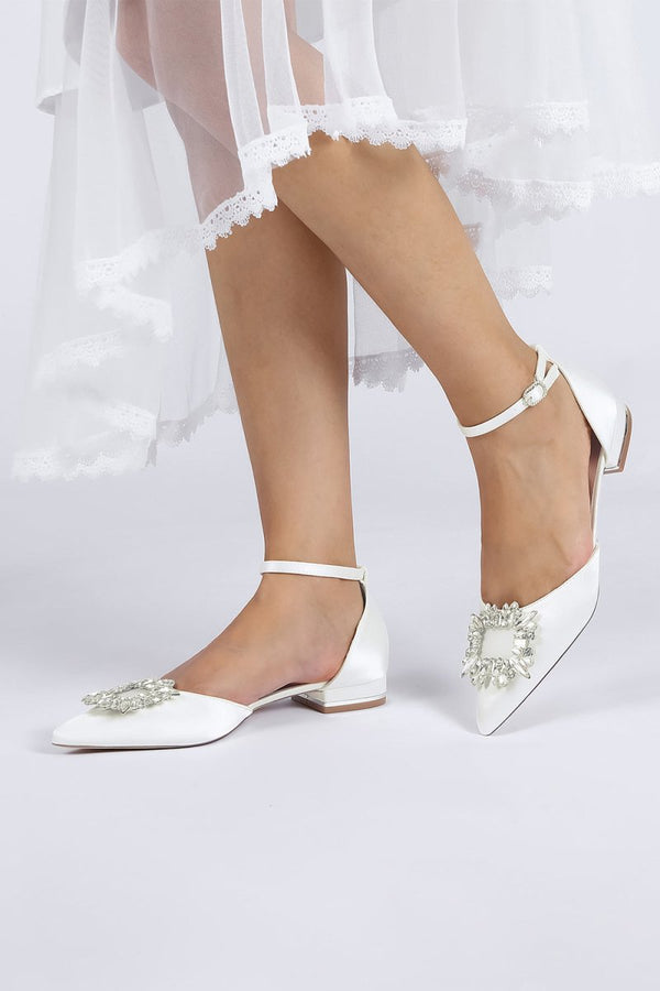 Rhinestone Pointed Toe Ankle Strap Satin Kitten Heels - KissProm