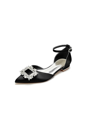 Rhinestone Pointed Toe Ankle Strap Satin Kitten Heels - KissProm