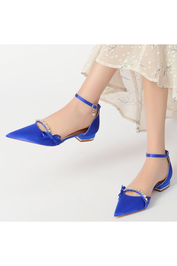 Rhinestone Pointed Toe Kitten Heels With Bow - KissProm