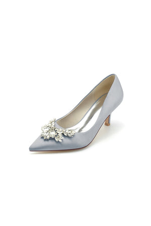 Rhinestone Pointed Toe Satin Kitten Heels - KissProm