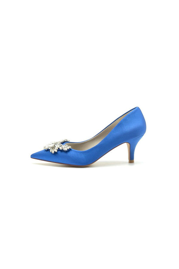 Rhinestone Pointed Toe Satin Kitten Heels - KissProm