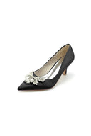 Rhinestone Pointed Toe Satin Kitten Heels - KissProm