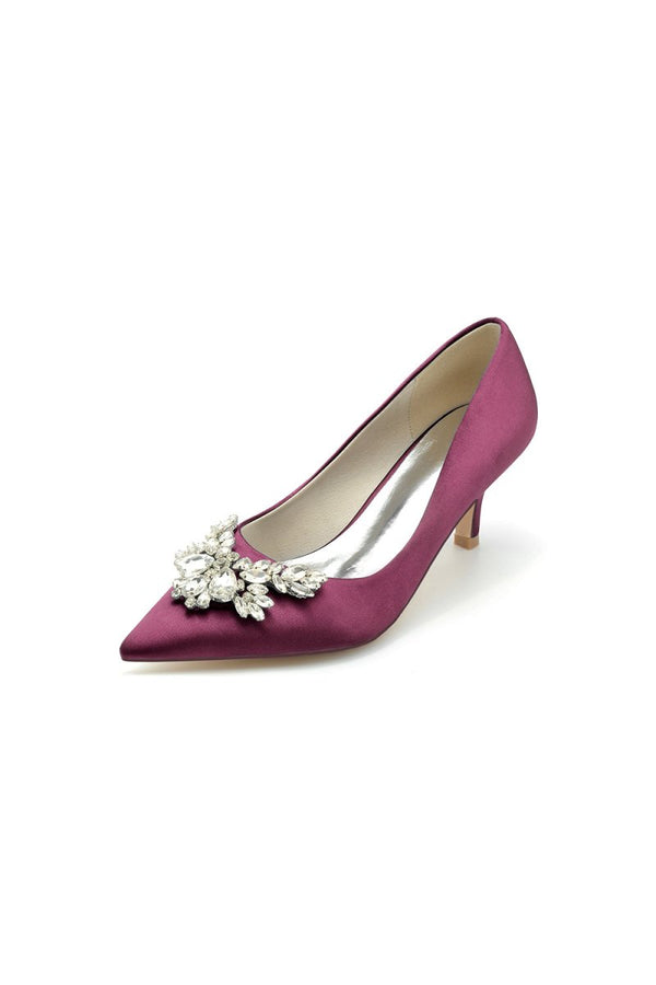 Rhinestone Pointed Toe Satin Kitten Heels - KissProm