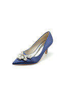 Rhinestone Pointed Toe Satin Kitten Heels - KissProm