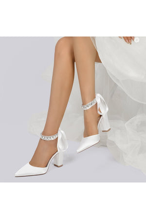 Rhinestone Ribbon Pointed Toe Ankle Strap Chunky Heel - KissProm