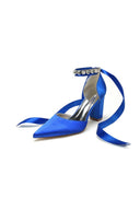 Rhinestone Ribbon Pointed Toe Ankle Strap Chunky Heel - KissProm