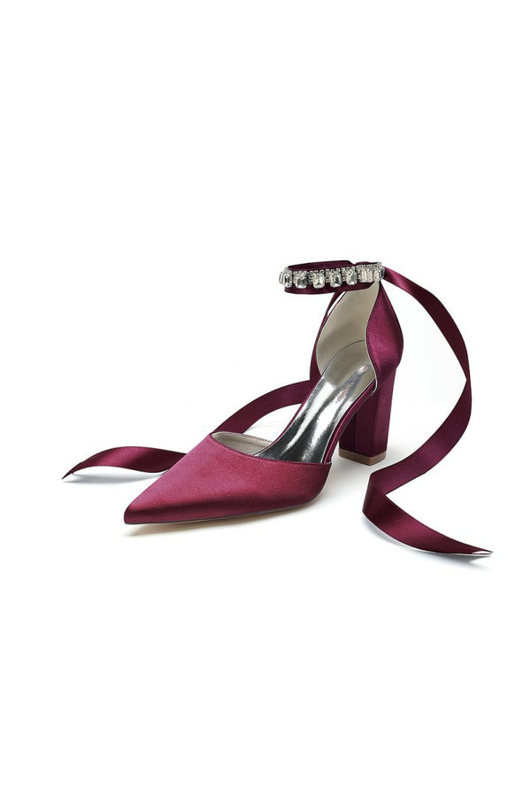Rhinestone Ribbon Pointed Toe Ankle Strap Chunky Heel - KissProm