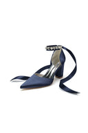 Rhinestone Ribbon Pointed Toe Ankle Strap Chunky Heel - KissProm