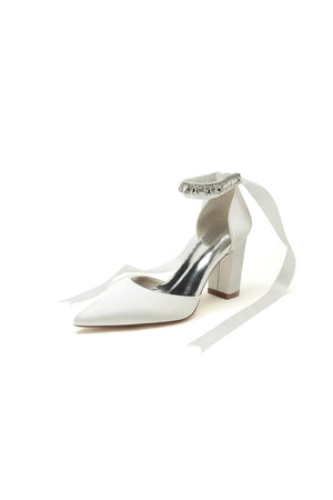 Rhinestone Ribbon Pointed Toe Ankle Strap Chunky Heel - KissProm