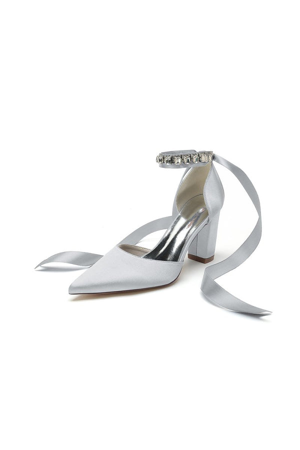 Rhinestone Ribbon Pointed Toe Ankle Strap Chunky Heel - KissProm