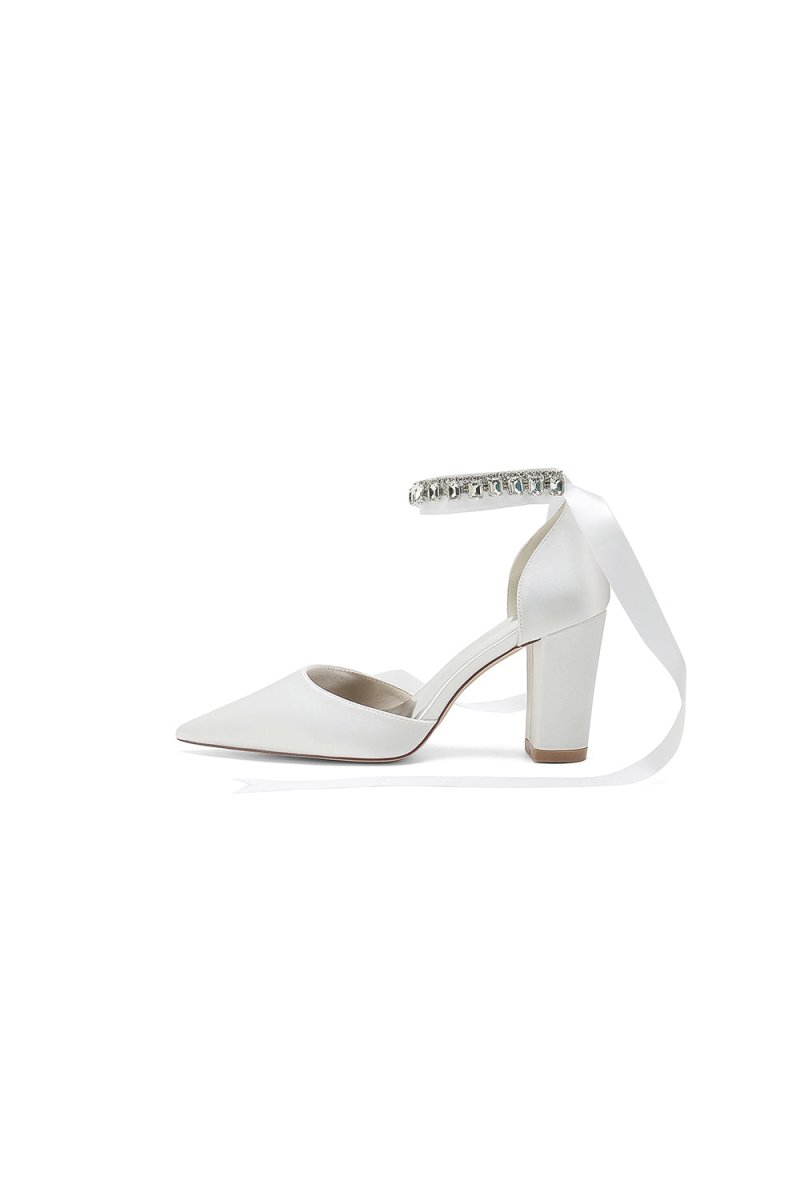Rhinestone Ribbon Pointed Toe Ankle Strap Chunky Heel - KissProm