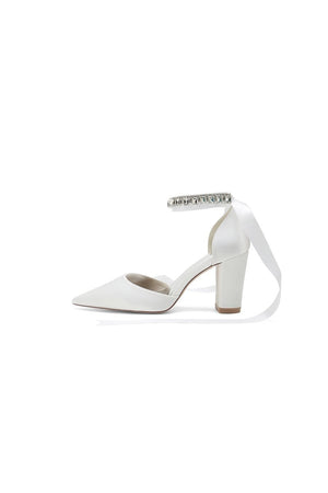 Rhinestone Ribbon Pointed Toe Ankle Strap Chunky Heel - KissProm
