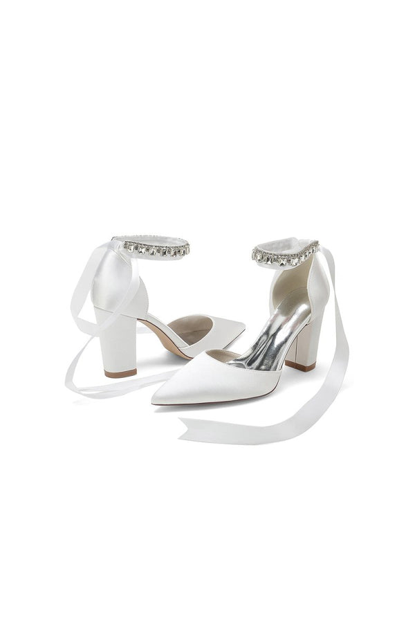 Rhinestone Ribbon Pointed Toe Ankle Strap Chunky Heel - KissProm