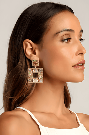 Rhinestone Square Statement Dangle Earrings - KissProm