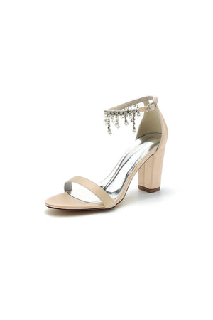 Open Toe Block Heels with Rhinestone Tassel - KissProm
