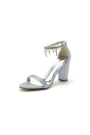 Open Toe Block Heels with Rhinestone Tassel - KissProm