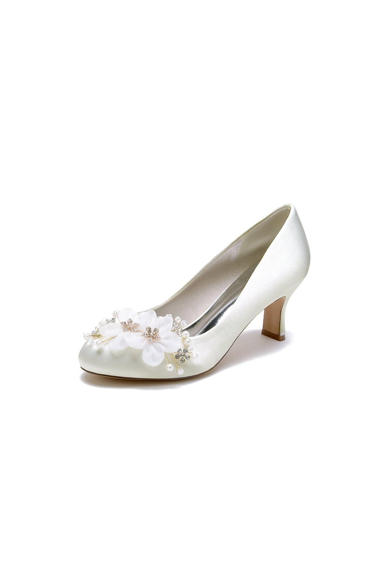 Rhinestone White Chunky Heels with Flower - KissProm