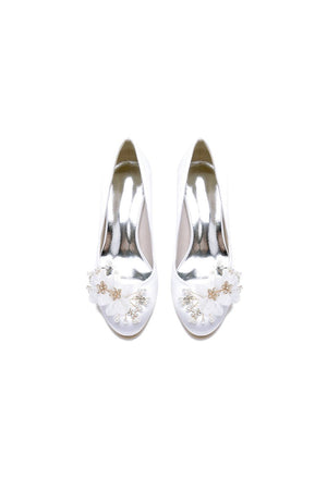 Rhinestone White Chunky Heels with Flower - KissProm