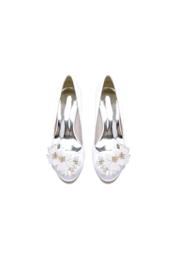 Rhinestone White Chunky Heels with Flower - KissProm