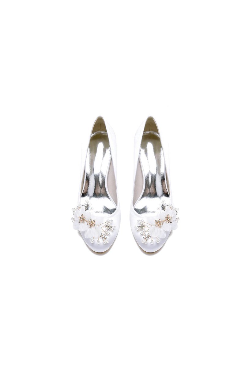 Rhinestone White Chunky Heels with Flower - KissProm