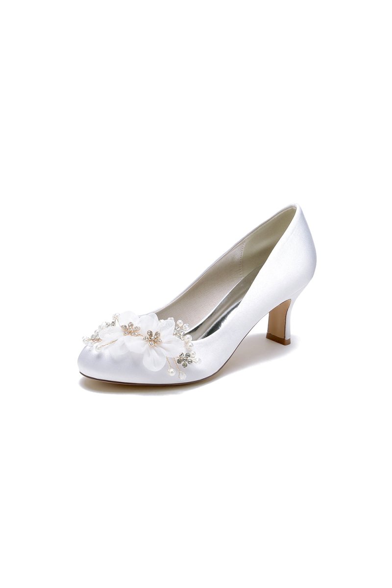 Rhinestone White Chunky Heels with Flower - KissProm