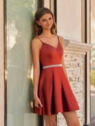 Rina | Rust - A Line Beaded V Neck Ruffled Homecoming Dresses