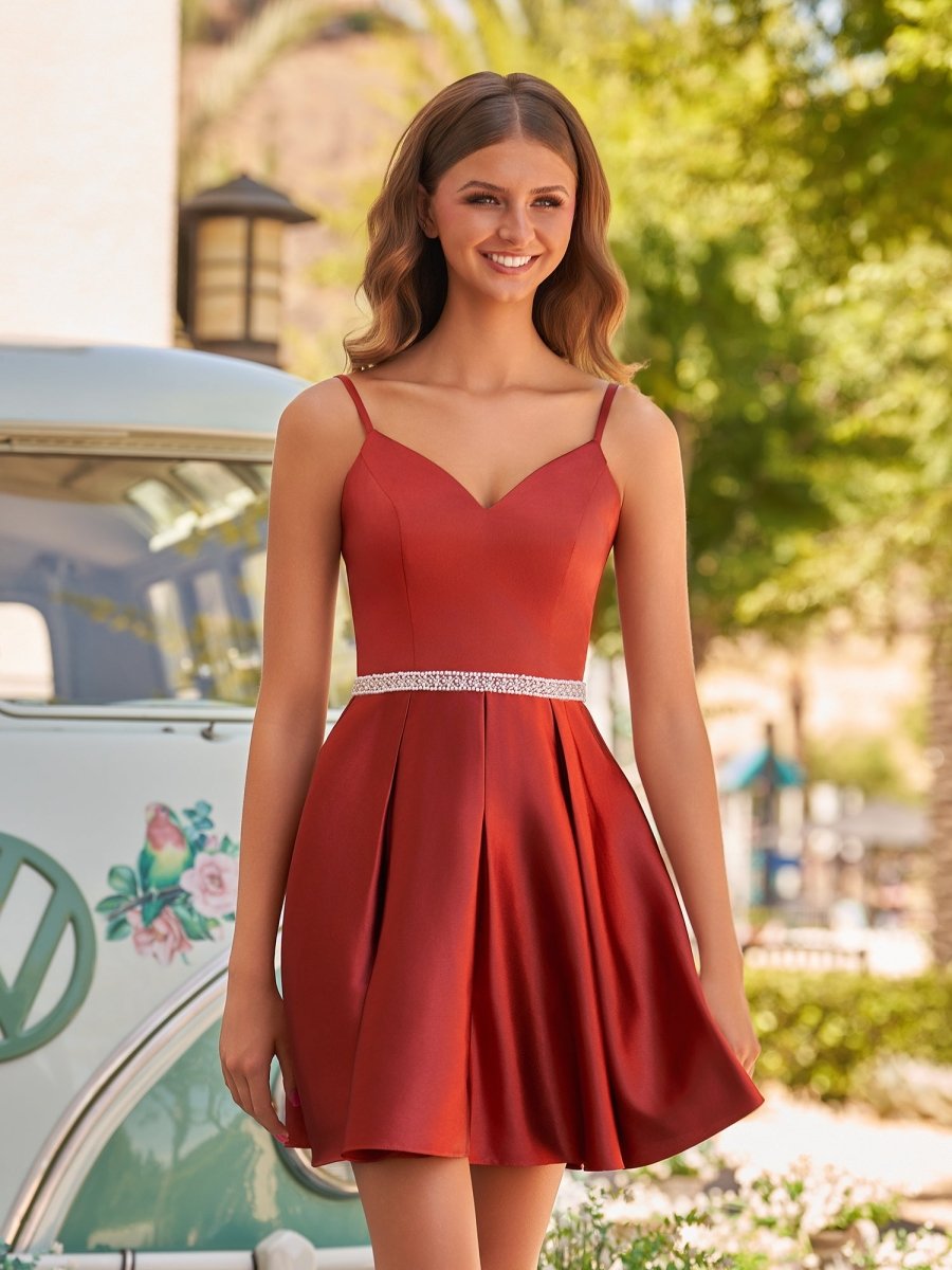 Rina | Rust - A Line Beaded V Neck Ruffled Homecoming Dresses