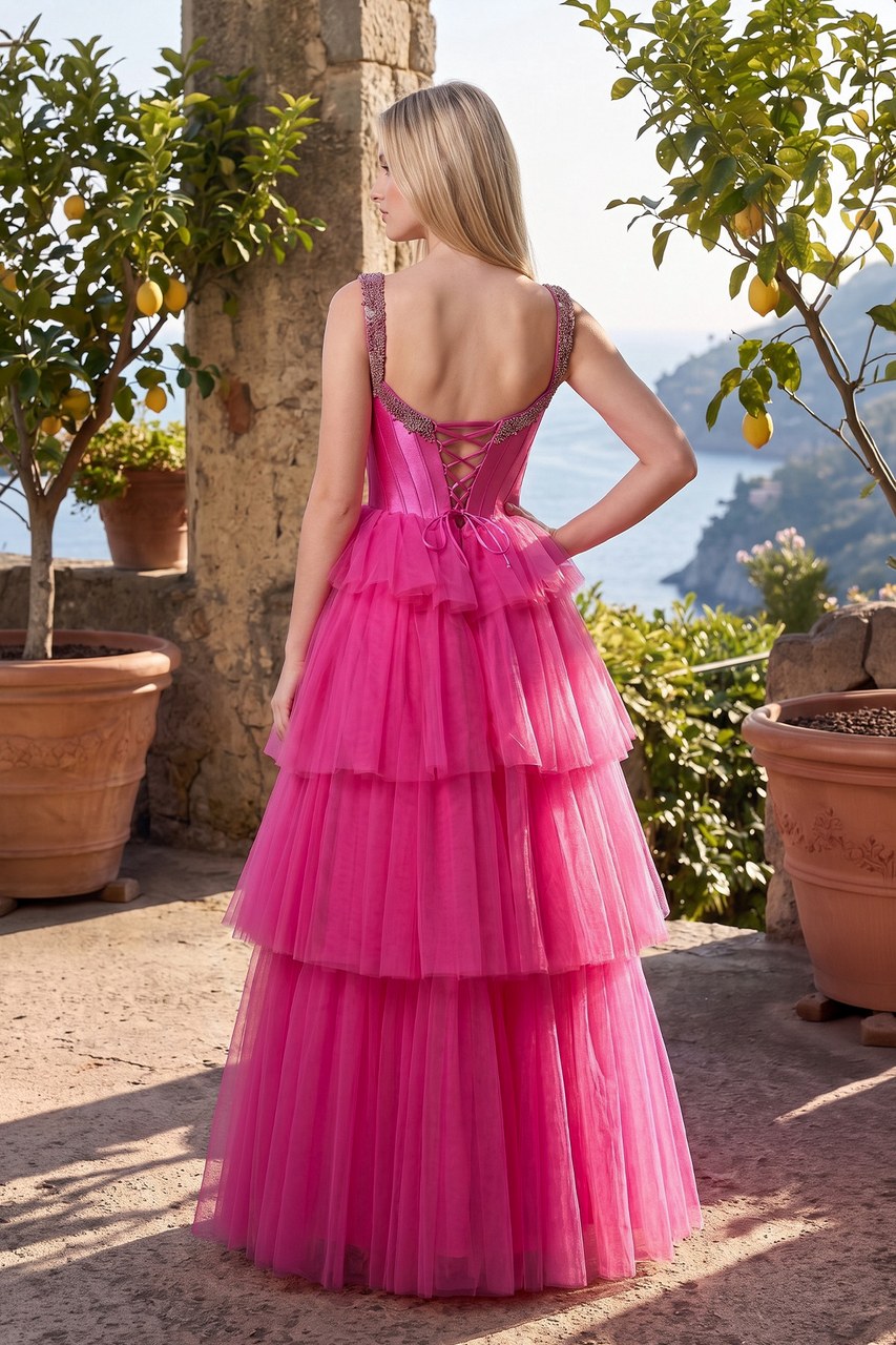 A Line Off the Shoulder Hot Pink Tulle Long Prom Dresses with Beading - KISSPROM