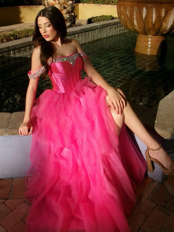 Robenia | A Line Off the Shoulder Hot Pink Tulle Long Prom Dresses with Beading