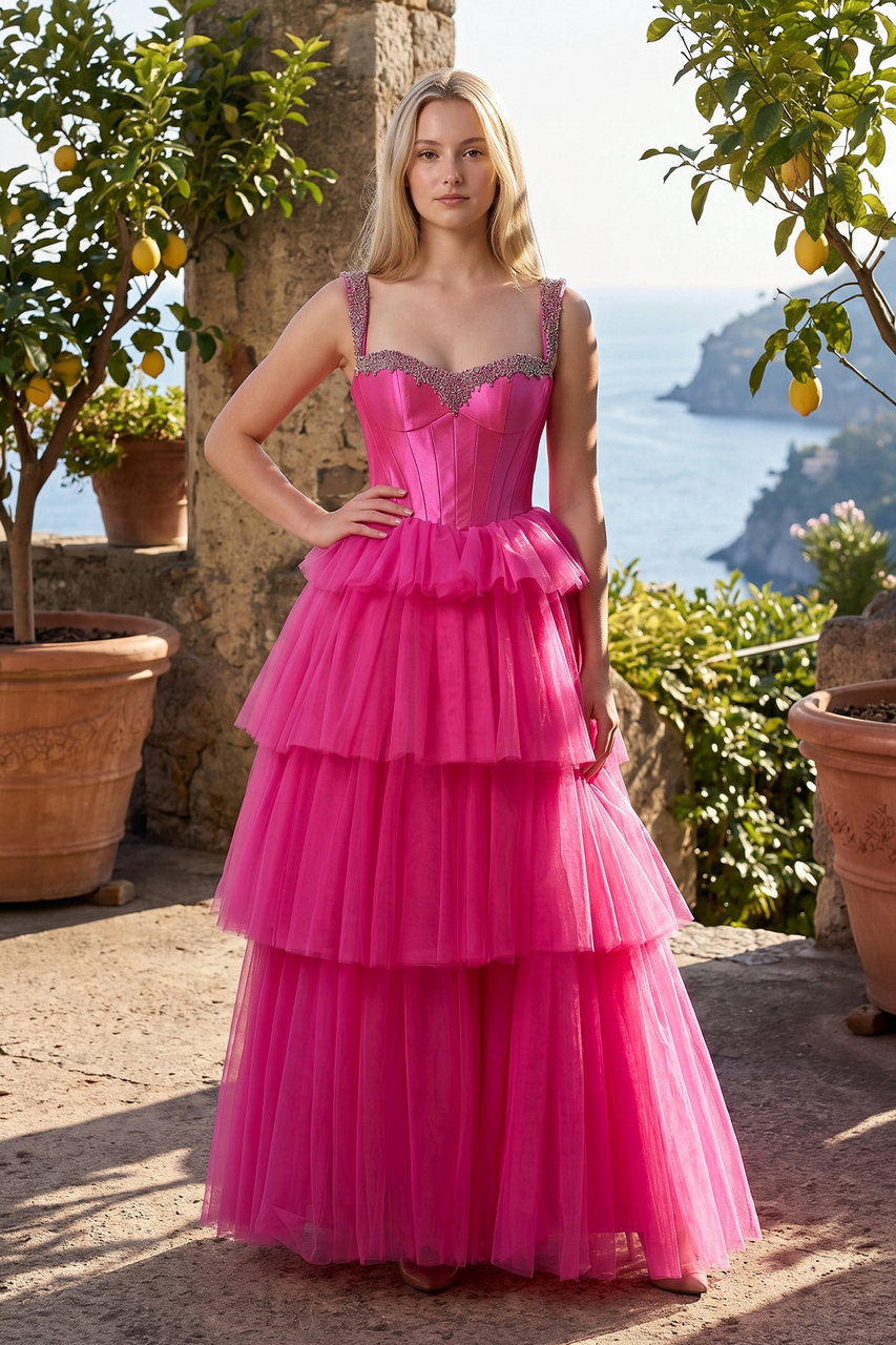 A Line Off the Shoulder Hot Pink Tulle Long Prom Dresses with Beading - KISSPROM