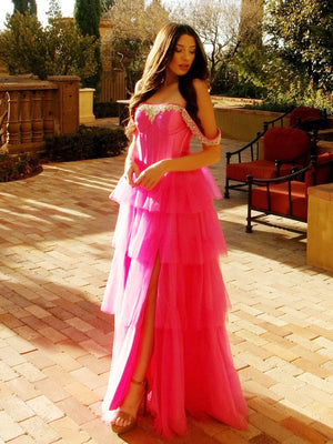Robenia | A Line Off the Shoulder Hot Pink Tulle Long Prom Dresses with Beading