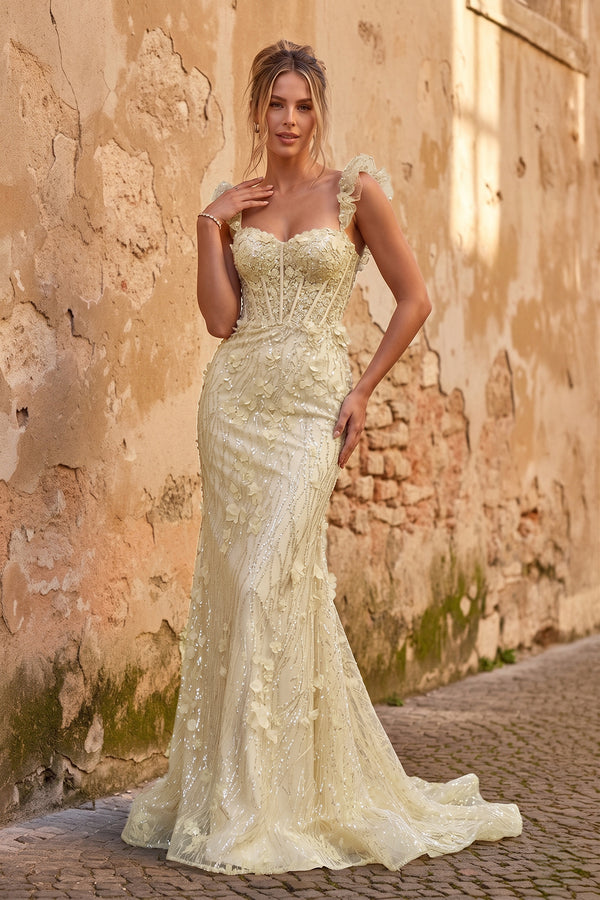 KissProm Yellow Ruffle Straps 3D Flower Mermaid Long Prom Dress, Yellow / 10